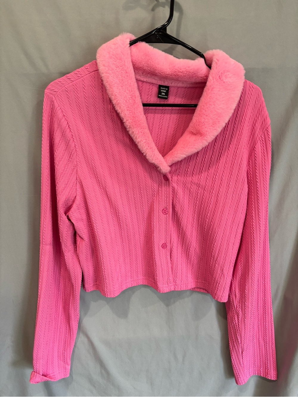 SHEIN Pink Teddy Collar Button-Up Cropped Jacket